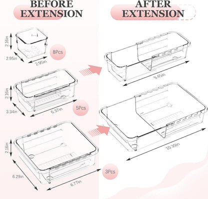 DILIBRA 16 Pcs Clear Extendable Drawer Organizer, Adjustable Drawer Storage