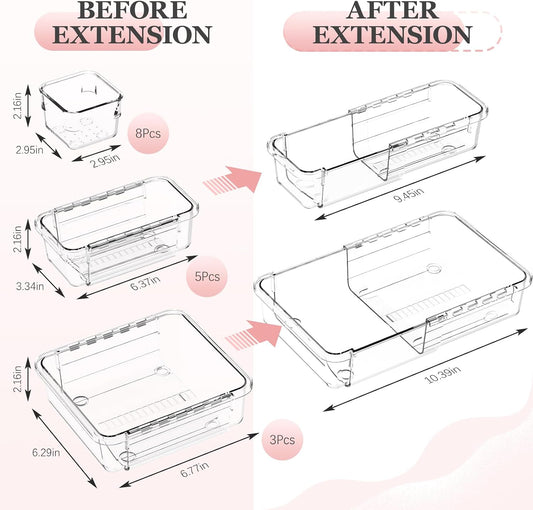 DILIBRA 16 Pcs Clear Extendable Drawer Organizer, Adjustable Drawer Storage