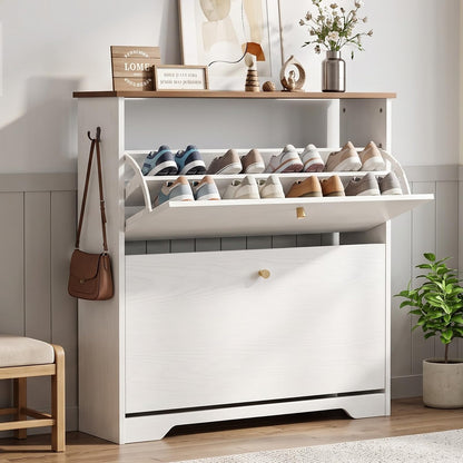 Nicetree Shoe Cabinet with 3 Flip Drawers, Modern Entryway Organizer, White
