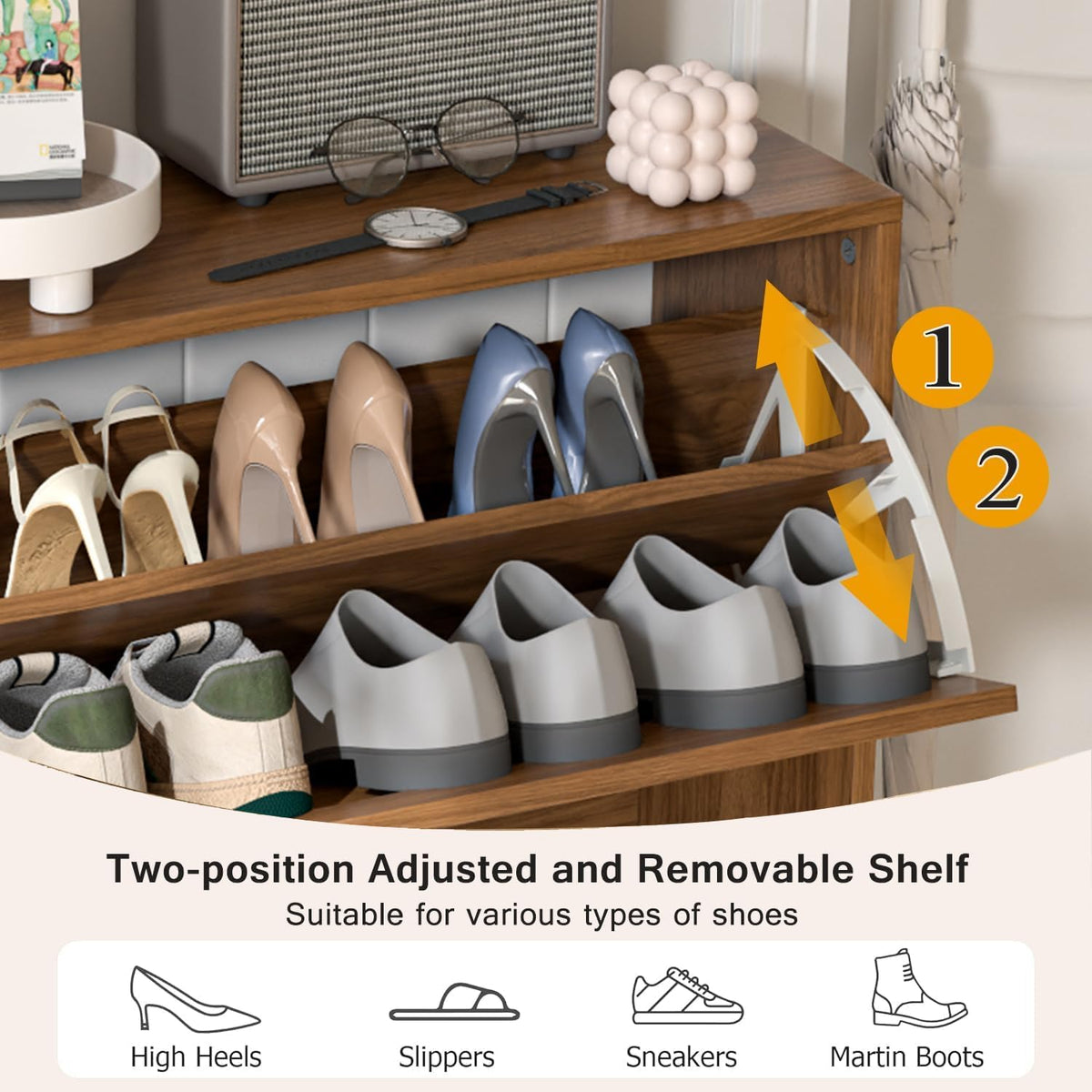 Fsbecl Shoe Storage Cabinet for Entryway with 2 Fluted Flip Drawers, Walnut
