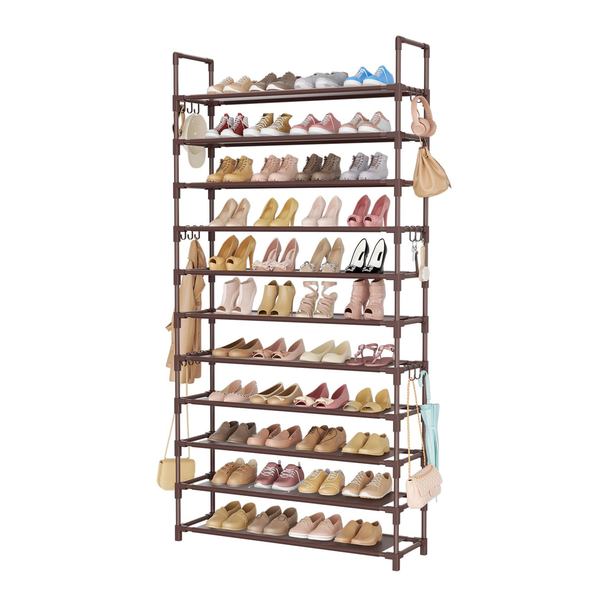 LANTEFUL 10 Tiers Shoe Rack 50 Pairs Large Capacity Tall Shoe Organizer Sturdy Shoe Storage with Two Hooks Space Saving Metal Wide Shoe Rack for Closet, Entryway, Bedroom, Black