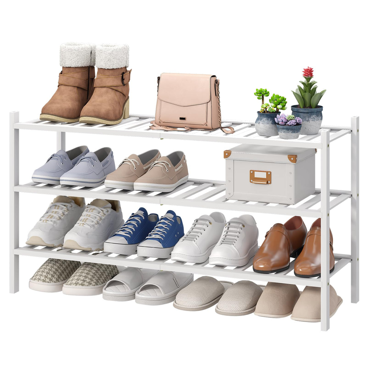 viewcare 4-Tier Bamboo Shoe Rack for Entryway, Stackable | Foldable | Natural, Shoe Organizer for Hallway Closet, Free Standing Shoe Racks for Indoor Outdoor
