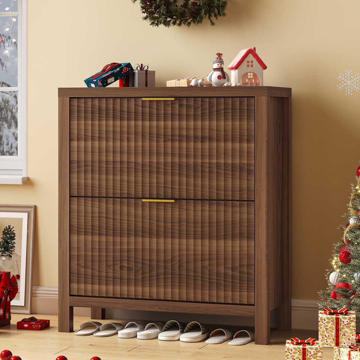 47" Fluted Shoe Cabinet Stoarge with 4 Flip Drawers for Entryway, Hallway