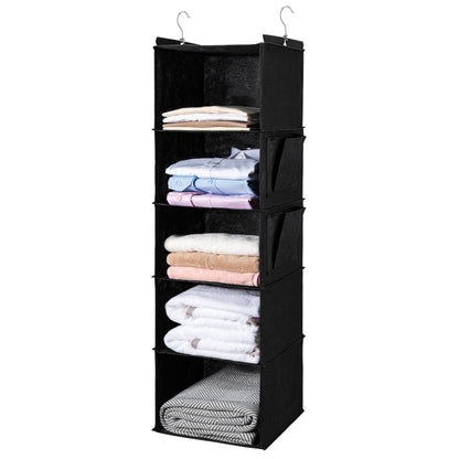 BOOMIBOO Hanging Closet Organize and Shelves，5-Hanging Shelf with 2 Side Pockets，Storage Foldable （Grey）