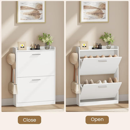 Slim Shoe Cabinet for Entryway with 2 Flip Drawers, 23.6" W White
