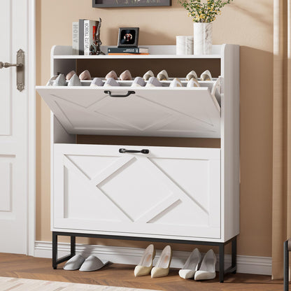 Nicetree Shoe Storage Cabinet with 2 Flip Drawers, Freestanding Wood Shoe Organizer with Metal Legs, Farmhouse Slim Shoe Rack for Entryway, Foyer, Hallway, Rustic Brown