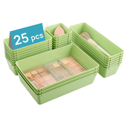 Vtopmart 25 PCS Clear Plastic Drawer Organizers Set, 4-Size Versatile Bathroom and Vanity Drawer Organizer Trays, Storage Bins for Makeup, Bedroom, Kitchen Gadgets Utensils and Office