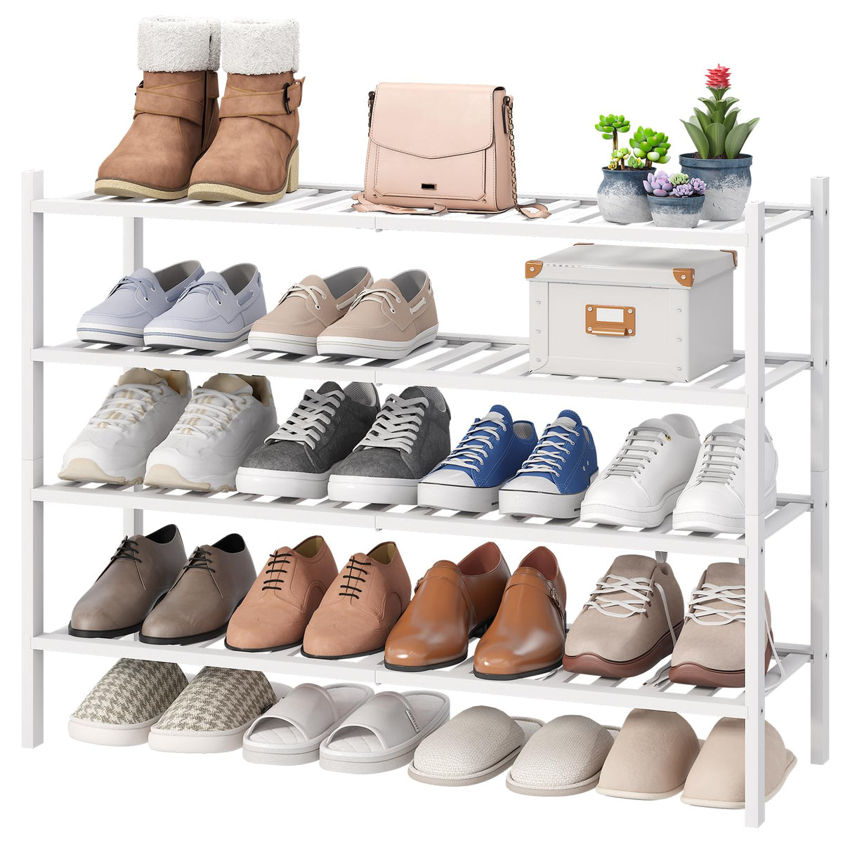 viewcare 4-Tier Bamboo Shoe Rack for Entryway, Stackable | Foldable | Natural, Shoe Organizer for Hallway Closet, Free Standing Shoe Racks for Indoor Outdoor