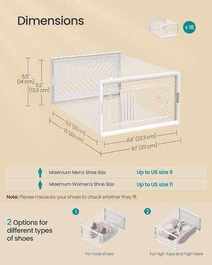 SONGMICS Stackable Shoe Boxes, Foldable, Ventilated Clear, Set of 18