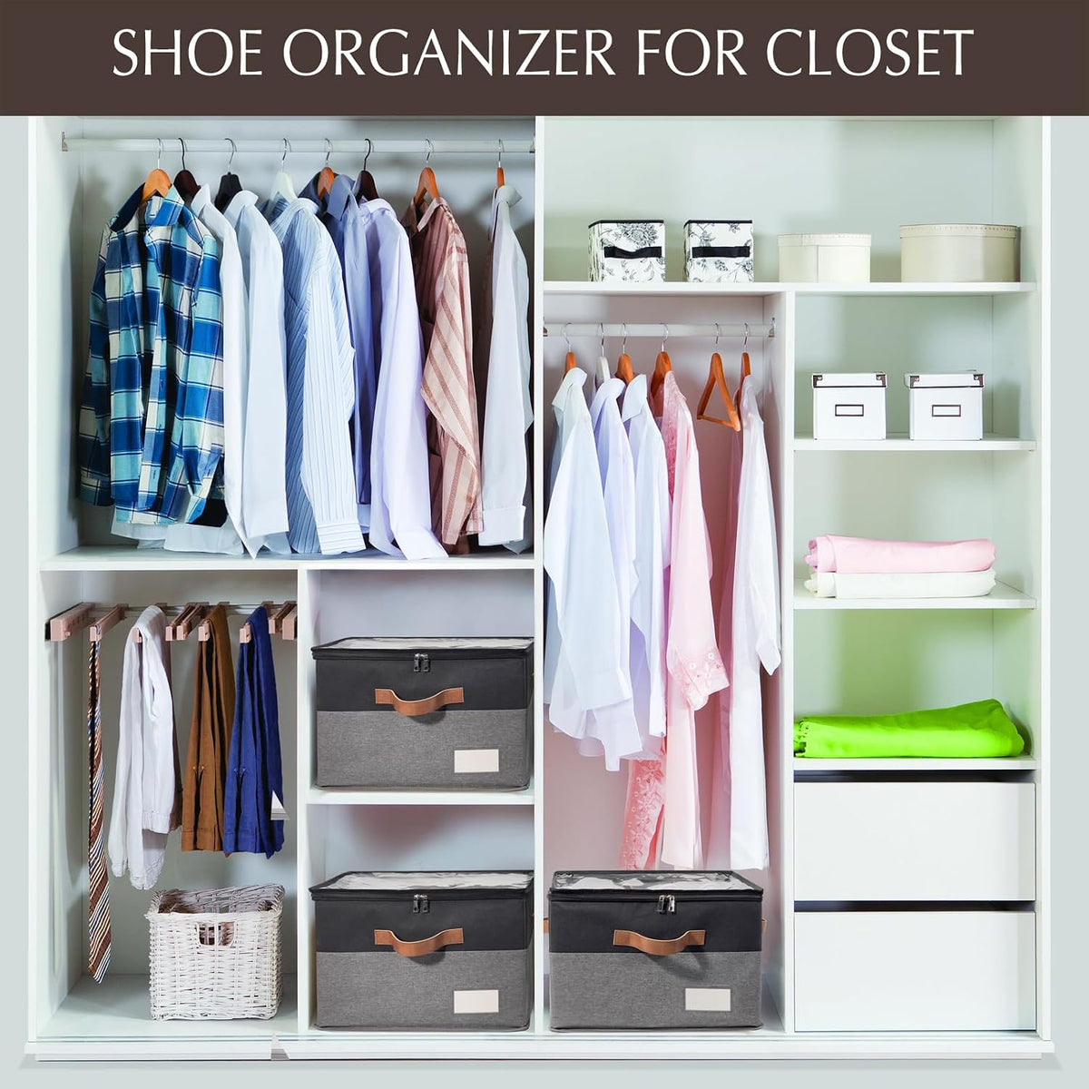2 Pack Shoe Organizer for Closet with Adjustable Divider Shoe Storage Box