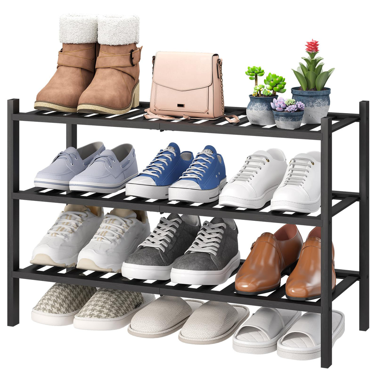 viewcare 4-Tier Bamboo Shoe Rack for Entryway, Stackable | Foldable | Natural, Shoe Organizer for Hallway Closet, Free Standing Shoe Racks for Indoor Outdoor