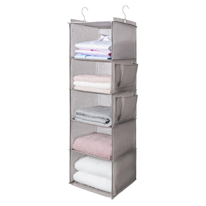 BOOMIBOO Hanging Closet Organize and Shelves，5-Hanging Shelf with 2 Side Pockets，Storage Foldable （Grey）