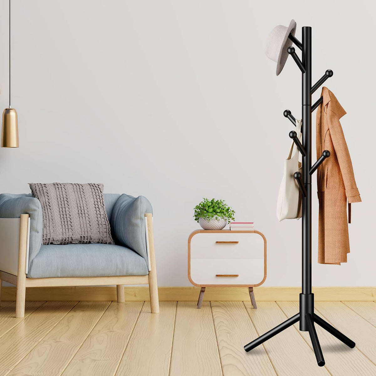 8-Hook Freestanding Coat Rack 3 Heights Safe Round Tips Black