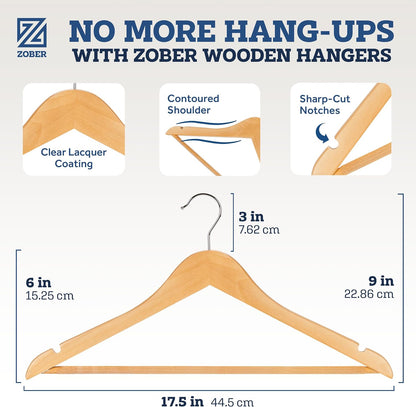 Zober Wooden Hangers 20 Pack, Heavy Duty Clothes Hangers, Non Slip, Natural