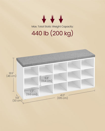 VASAGLE Shoe Bench with Cushion, 15 Compartments, 11.8 x 41.3 x 18.9 Inches
