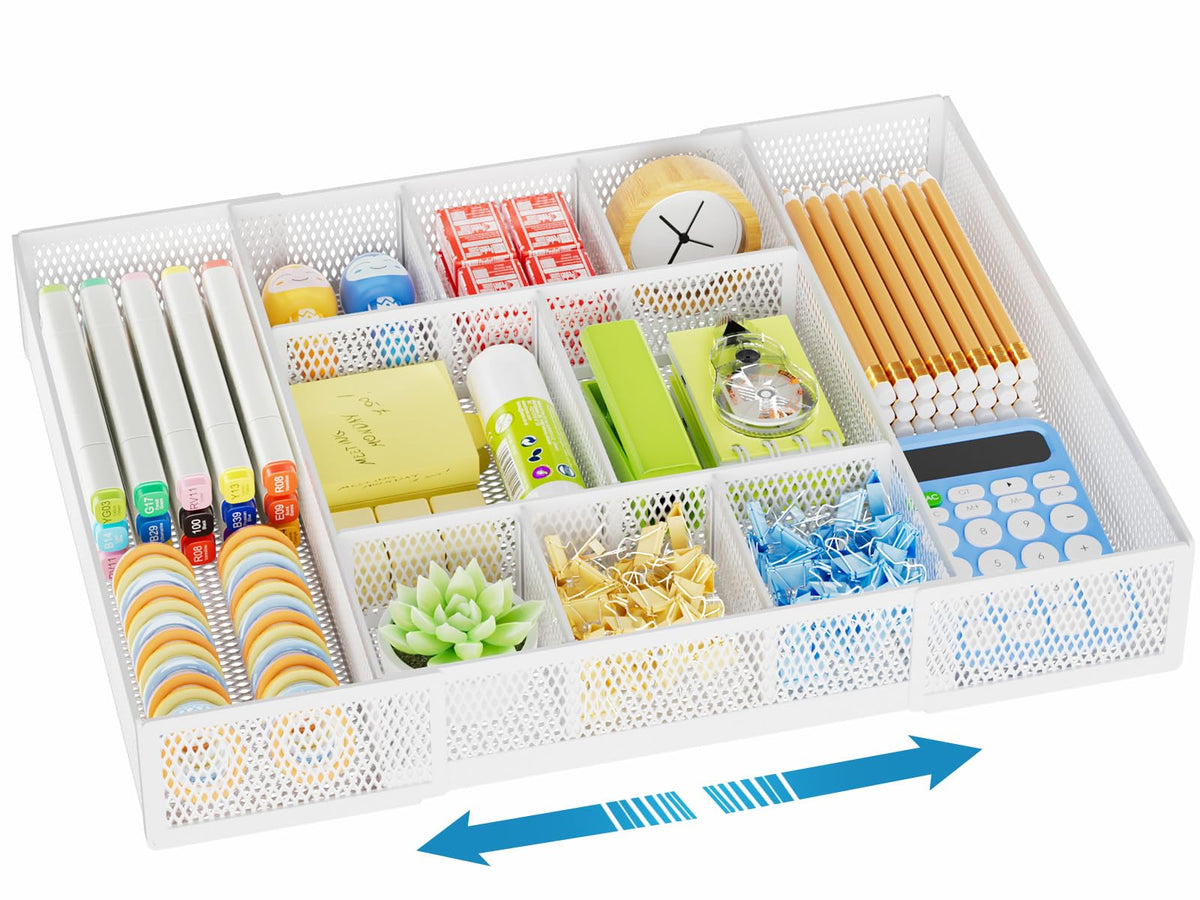 Marbrasse Expandable Desk Drawer Organizer, Mesh Drawer Organizer Tray with 10 Adjustable Compartments, Desk Organizers and Accessories, 5 Dividers Drawer for Office Supplies, Makeup & Vanity (Black)