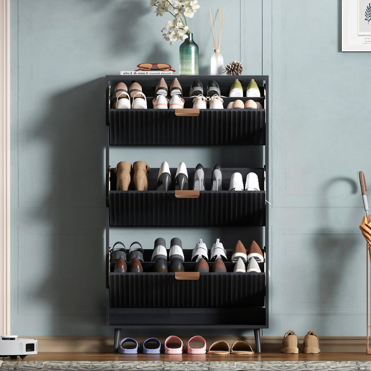 Shoe Cabinet Storage, Modern Freestanding Organizer with 2 Flip Drawers, Narrow Shoe Rack for Entryway, Walnut