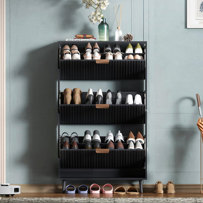Shoe Cabinet Storage, Modern Freestanding Organizer with 2 Flip Drawers, Narrow Shoe Rack for Entryway, Walnut