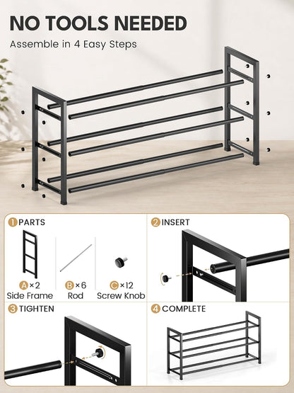 Bumusty 3 Tier Expandable Shoe Rack for Closet, Black