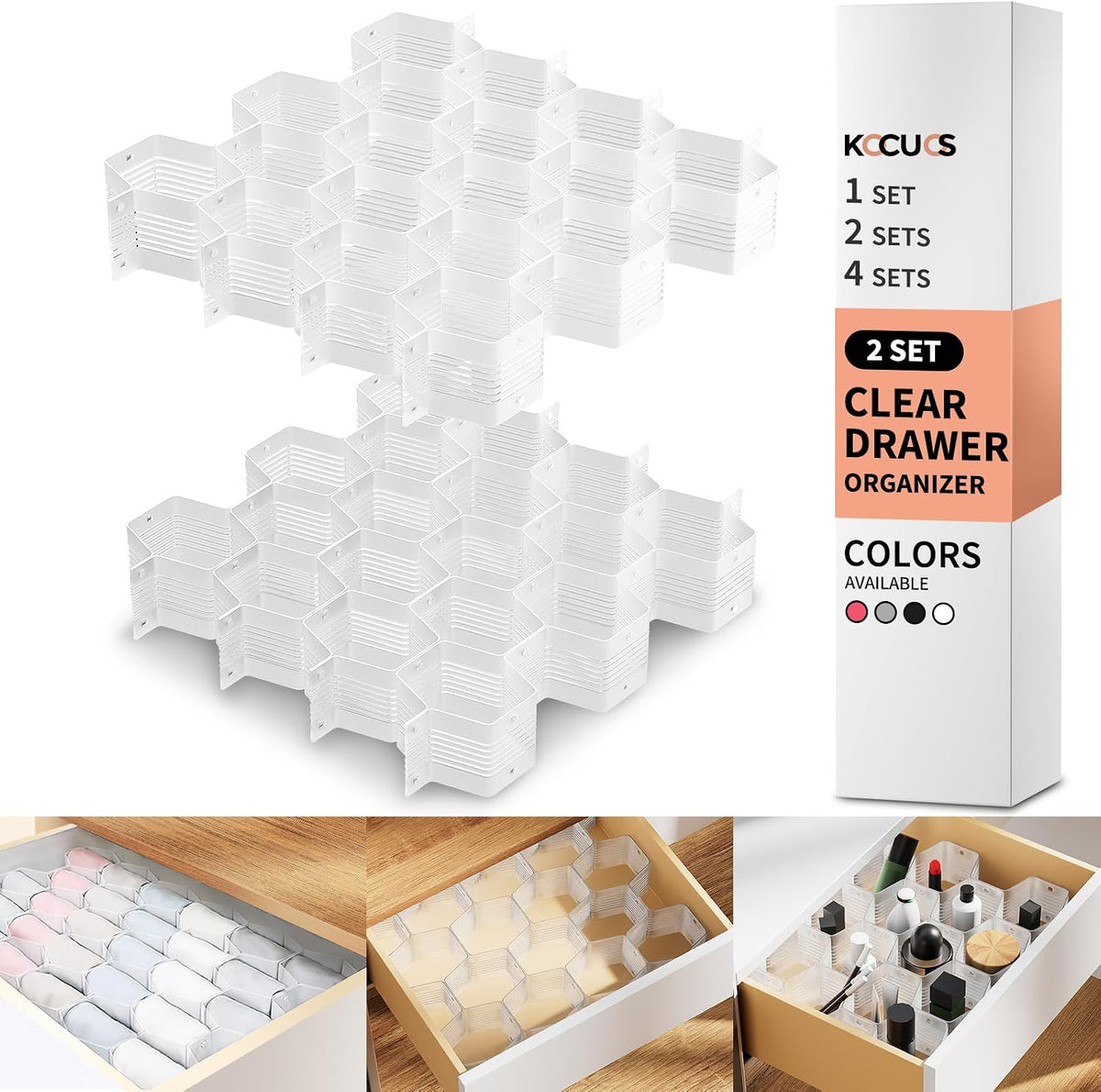 Honeycomb Separator Adjustable Drawer Organizer Divider for Underwear Belt-Scarf Socks Organizer (White(2pcs))
