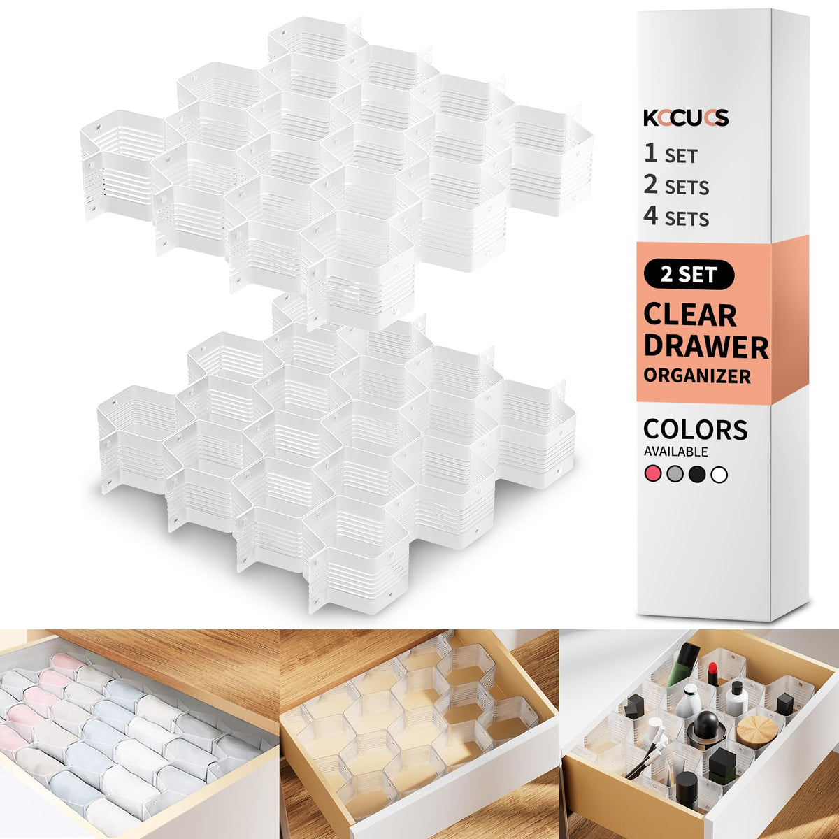 Honeycomb Separator Adjustable Drawer Organizer Divider for Underwear Belt-Scarf Socks Organizer (White(2pcs))