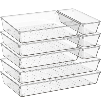 6 Pack Large Clear Plastic Drawer Organizer Trays, Acrylic Kitchen Drawer Organization and Storage Dividers, Non-Slip Storage Bins for Makeup, Kitchen Utensils, Bathroom, Jewelries and Office Desk