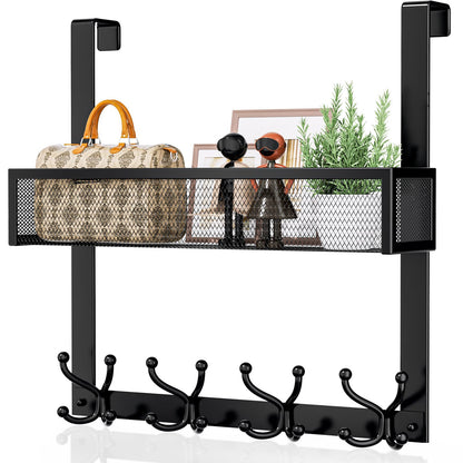 Consumest Over The Door Hooks Organizer - 3 Tier Door Hanger with 9 Coat Hooks & 2 Mesh Basket, Back Storage Organizer Hanging Towels for Bathroom, Bedroom, Black