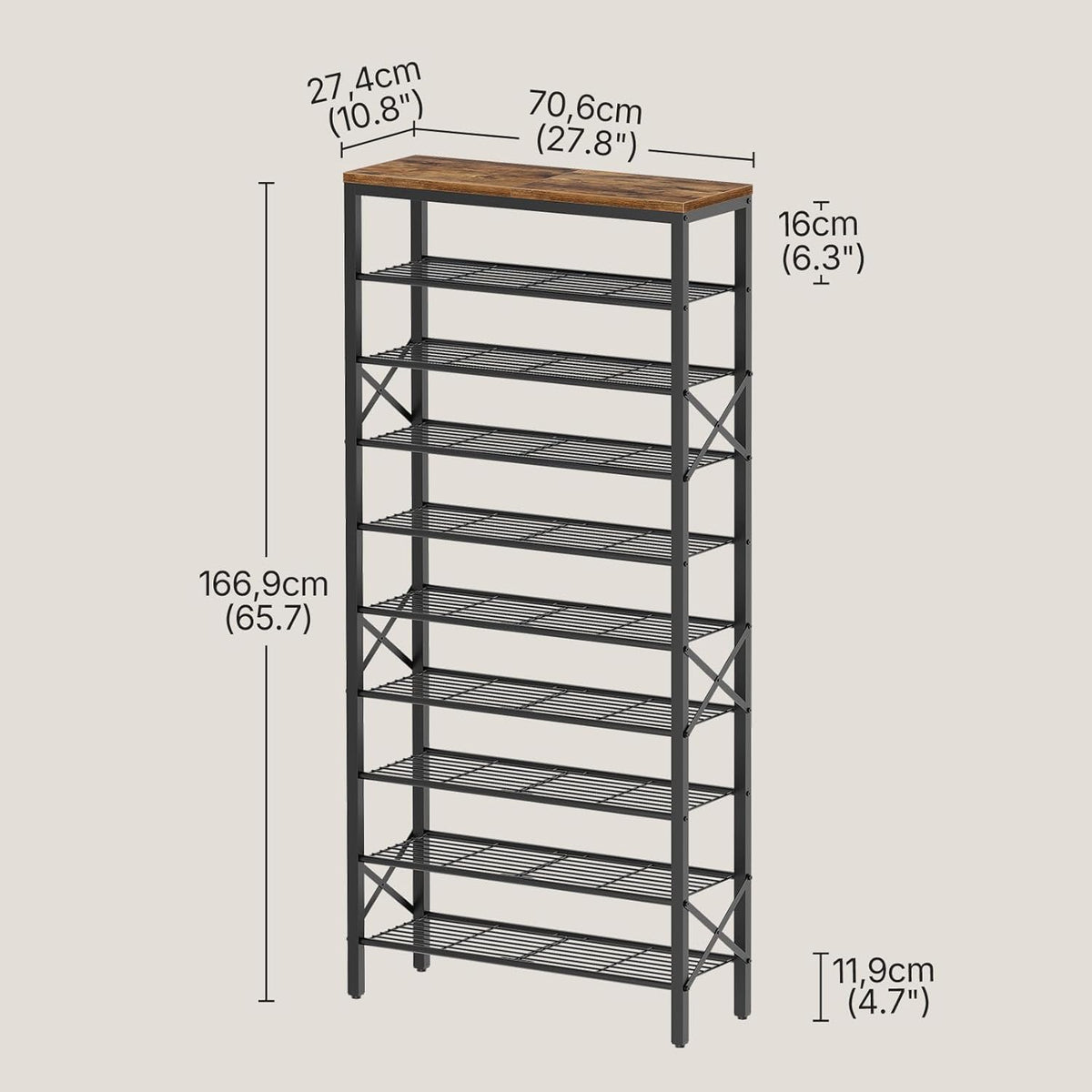 YATINEY 10 Tier Shoe Rack, Large Capacity Shoe Storage Organizer Holds 40 Pairs, Sturdy and Stable, for Entryway, Hallway, Closet, Dorm Room, Rustic Brown SS10BR