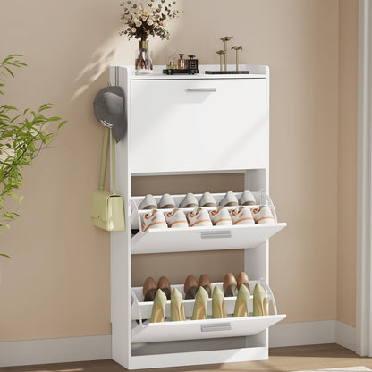 Slim Shoe Cabinet for Entryway with 2 Flip Drawers, 23.6" W White