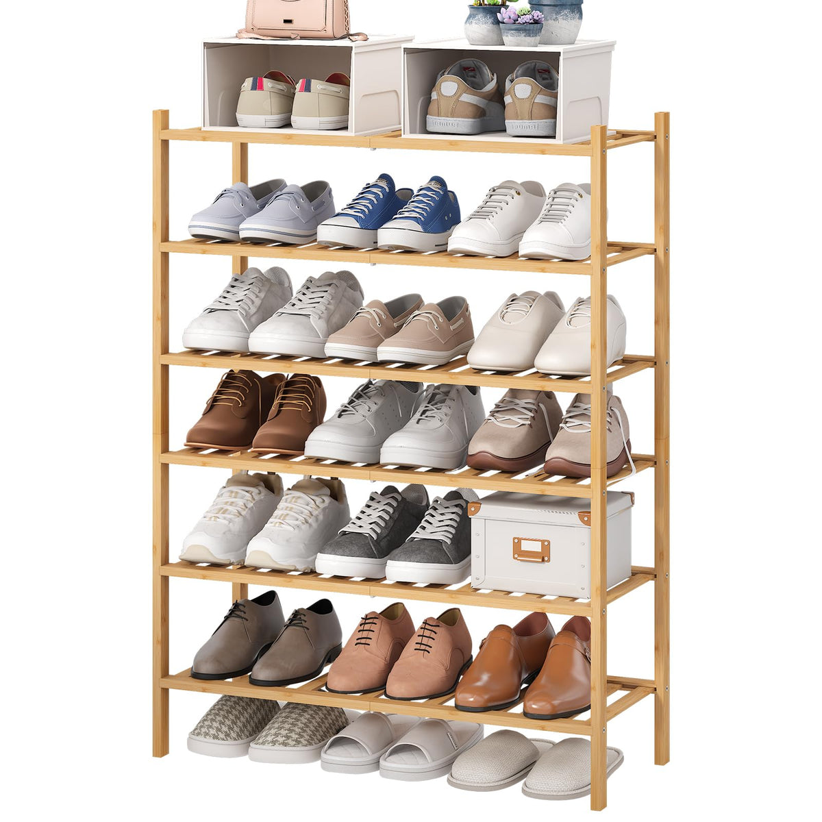 viewcare 4-Tier Bamboo Shoe Rack for Entryway, Stackable | Foldable | Natural, Shoe Organizer for Hallway Closet, Free Standing Shoe Racks for Indoor Outdoor
