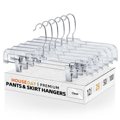 HOUSE DAY 14 Inch Clear Pants Hangers with Clips 12 Pack, Skirt Hangers