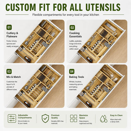 Bamboo Expandable Kitchen Drawer Organizer, 17.7-29.5 in,Natural
