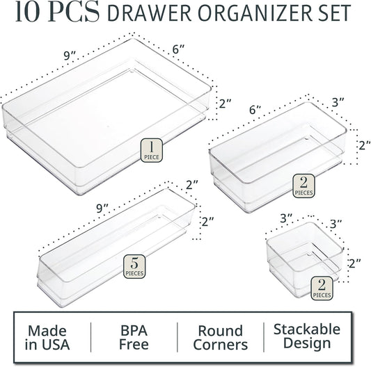 STORi SimpleSort 10-Piece Stackable Clear Drawer Organizer Set | Multi-size Trays | Makeup Vanity Storage Bins and Office Desk Drawer Dividers | Made in USA