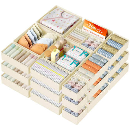 DIMJ Drawer Organizer Clothes, 12 Pack Dresser Organizer, Foldable Closet Organizers and Storage, Fabric Dresser Bins, Drawer Dividers for Nursery, Baby Clothes, Underwears, Sock (Beige)
