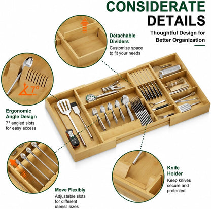 Bamboo Expandable Kitchen Drawer Organizer, 17.7-29.5 in,Natural