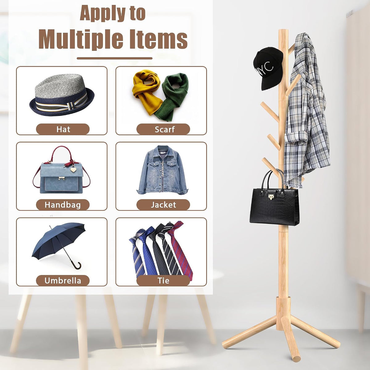 Haddockway 3 Adjustable Freestanding Wooden Coat Rack Stand 8 Hooks,Hallway