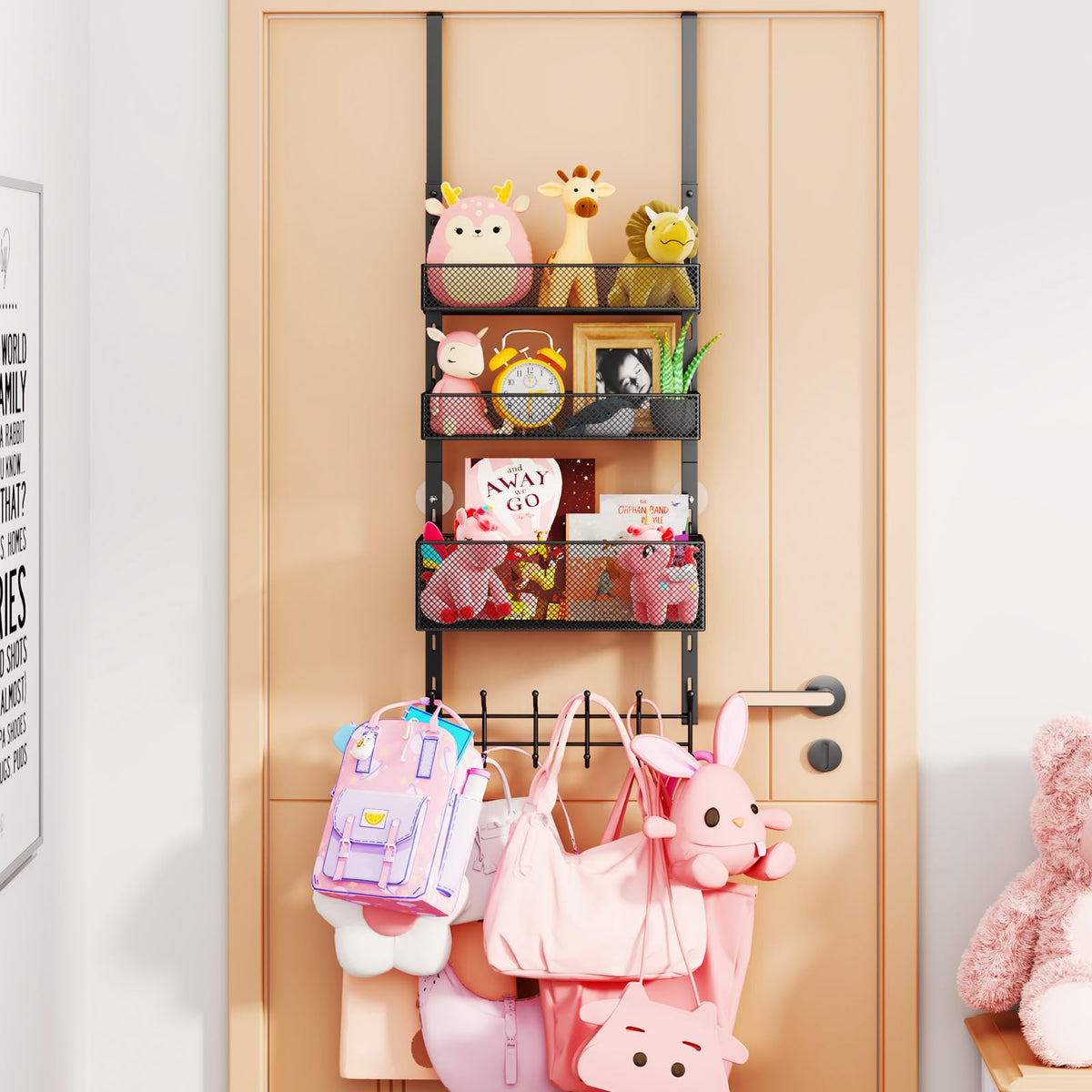 Consumest Over The Door Hooks Organizer - 3 Tier Door Hanger with 9 Coat Hooks & 2 Mesh Basket, Back Storage Organizer Hanging Towels for Bathroom, Bedroom, Black