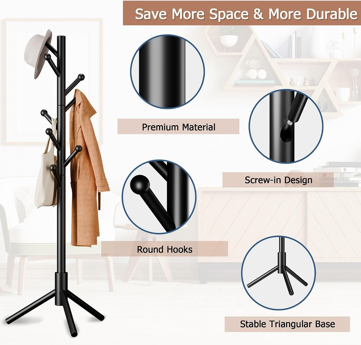 8-Hook Freestanding Coat Rack 3 Heights Safe Round Tips Black