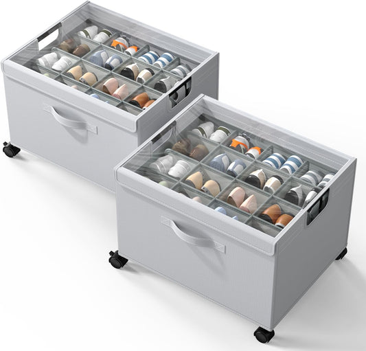 HOUSE AGAIN 2 Pack Shoe Organizer for Closet, Shoe Storage Organizer with Lockable Wheels & Clear Cover, Foldable Shoe Box for Closet and Entryway, Gray