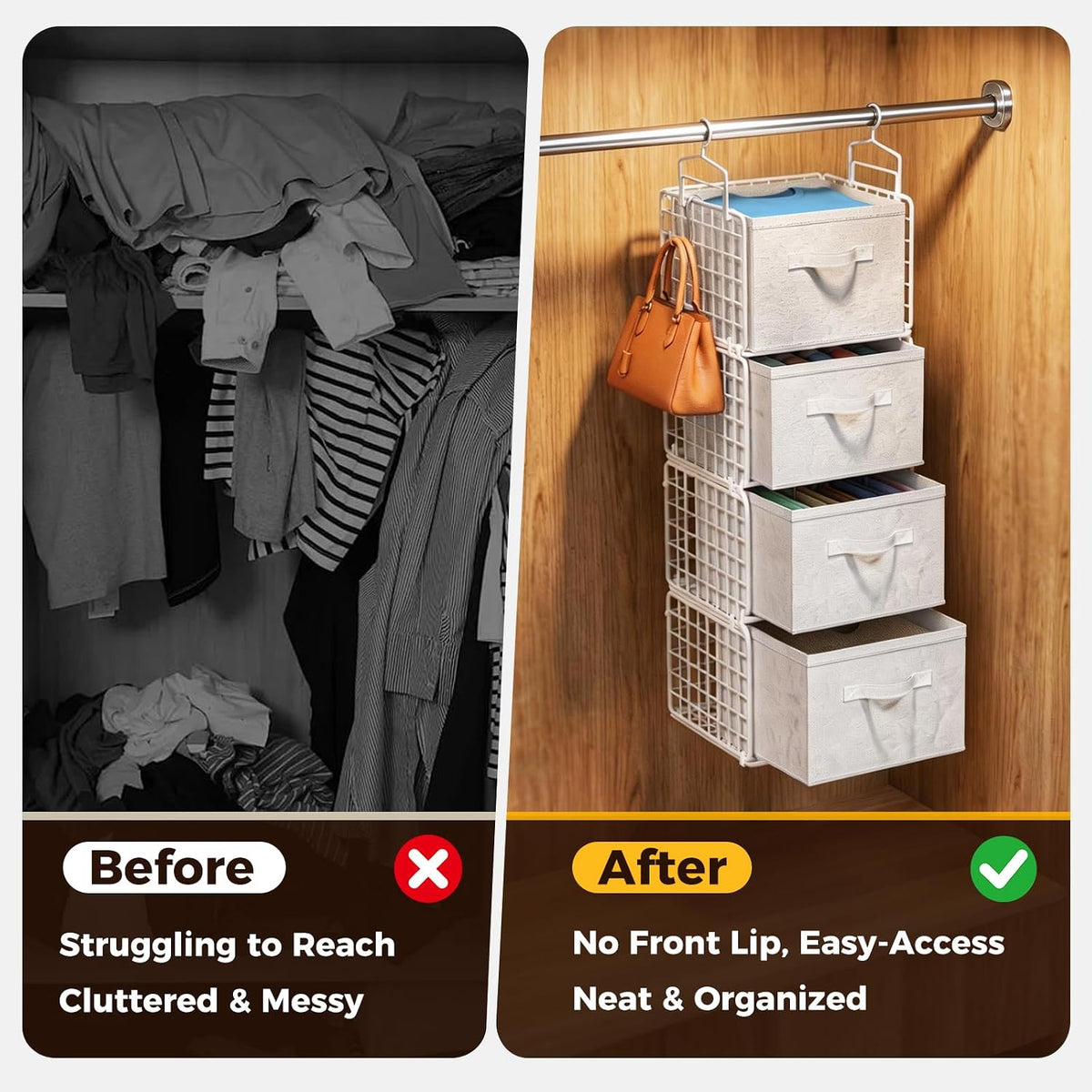 4 Tier Hanging Closet Organizer with 4 Drawers, White