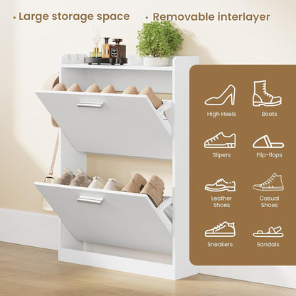 Slim Shoe Cabinet for Entryway with 2 Flip Drawers, 23.6" W White