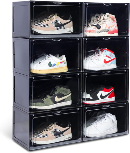 XL clear shoe storage boxes stackable, 8 Pack Large Shoe Boxes Clear Plastic Stackable, Drop side Sneaker Container Fit Size 13 (Black 8 Pack)