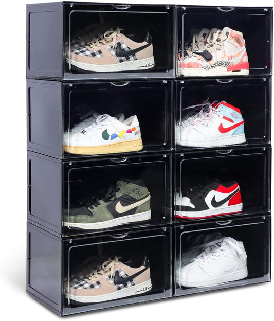XL clear shoe storage boxes stackable, 8 Pack Large Shoe Boxes Clear Plastic Stackable, Drop side Sneaker Container Fit Size 13 (Black 8 Pack)