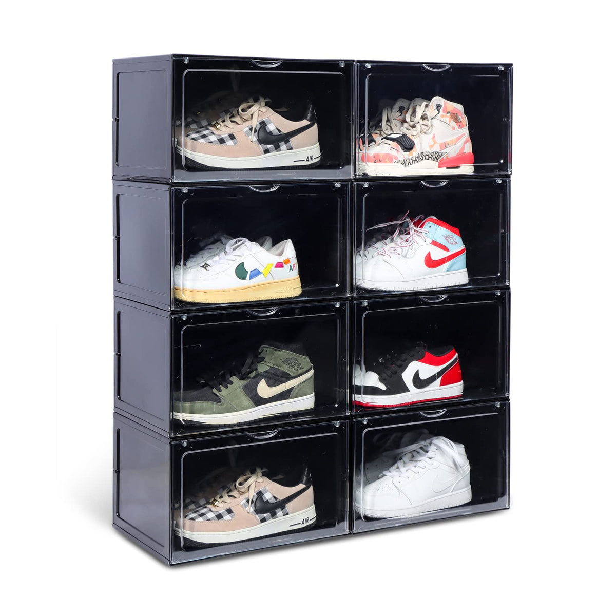 XL clear shoe storage boxes stackable, 8 Pack Large Shoe Boxes Clear Plastic Stackable, Drop side Sneaker Container Fit Size 13 (Black 8 Pack)