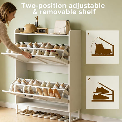 Urban Deco Shoe Storage Cabinet for Entryway, 2 Flip Drawers Shoe Organizer, Elegant 2-Tier Freestanding Shoe Cabinet with Anti-Tipping Design (White)