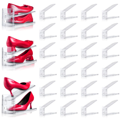 Shoe Slots Organizer, 24 Pack Transparent Shoe Stackers for A Pair of Shoes, 3 Levels Adjustable Doulbe Deck Shoe Holder 50% Space Saver for Closet Organization