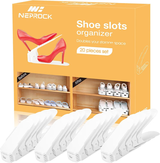Neprock Shoe Slots Organizer, 20 Pack Adjustable Shoe Rack Stacker Storage Space Saver, Double Deck Shoe Rack Holder for Closet Organization (White)