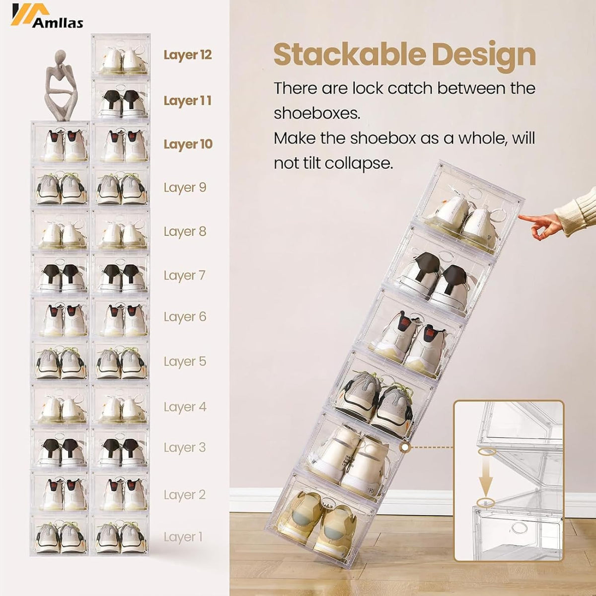 12 Pack Clear Shoe Storage, Stackable Shoe Organizer, Shoe Boxes for Closet