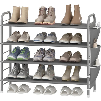 SUOERNUO Stable 4-Tier Vertical Shoe Rack Organizer - Free-Standing Iron + Fabric Shelf with Side Bag, Holds 9-12 Pairs, 10-15 kg Capacity, Bronze Organizer Storage for Entryway Bedroom, Small Room Organization
