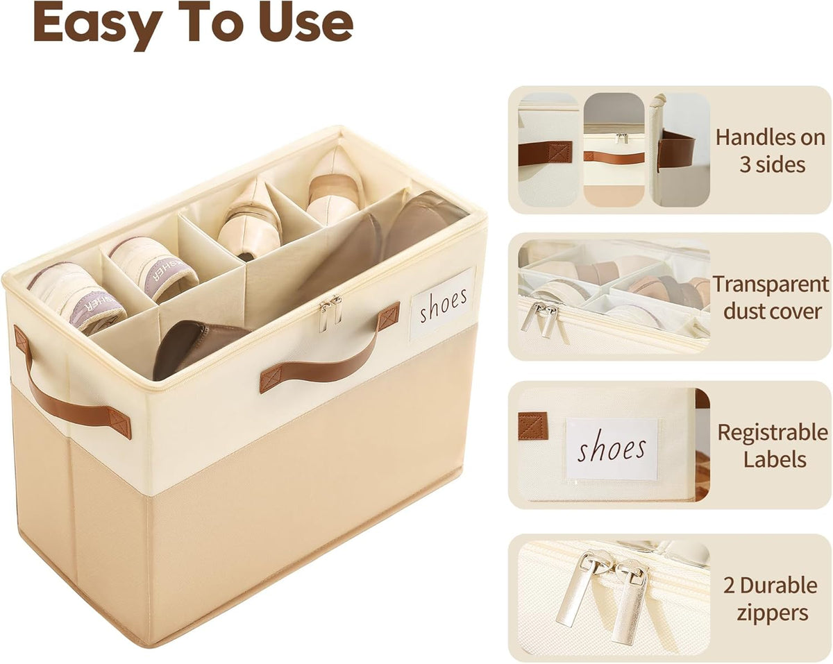 Varhomax Shoe Organizer Box for Closet, Small Fabric Shoe Storage Bin with Adjustable Dividers & Clear Cover, Saving Space Sneakers & Sandals Containers for Entryway, Cubby